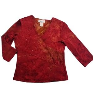 Vintage Dressbarn V Neck Top Women M Red Tie Dye 3/4 Slv Stretch Sequin 90s Y2K